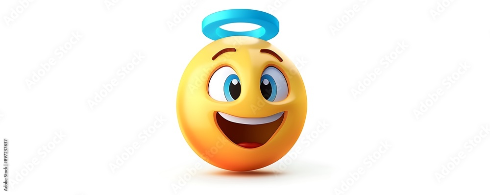 emoji icon of a face with a halo depicted in bright yellow with a blue halo above the head isolated on a white background The expression is innocent and cheerful emoji icon of a face with a halo depicted in bright yellow with a blue halo above the head isolated on a white background The expression is innocent and cheerful