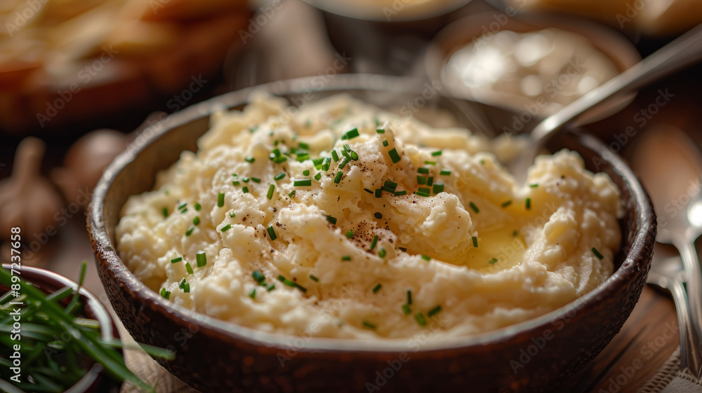 Creamy mashed potatoes garnished with chives in a rustic bowl. Creamy mashed potatoes garnished with chives in a rustic bowl.