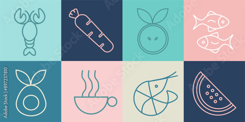 Hand drawn illustration. Organic fruit, vegetable, fish, seafood, coffee and bakery geometric pattern. Abstract geometric line background. Gold luxury  Healthy Food pattern