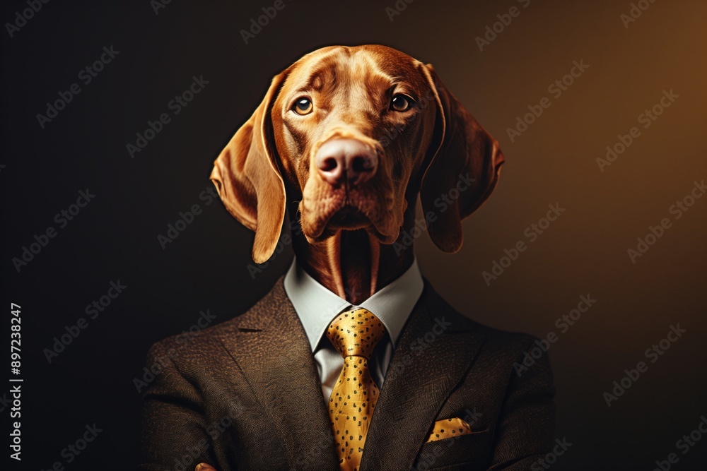 Serious vizsla dog wearing suit and tie posing for corporate portrait, anthropomorphic dog Serious vizsla dog wearing suit and tie posing for corporate portrait, anthropomorphic dog