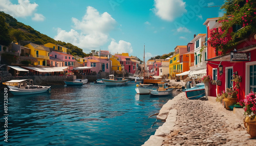 Fototapeta Naklejka Na Ścianę i Meble -  A charming coastal village with colorful buildings, narrow cobblestone streets, and a small fishing 
