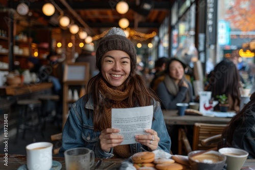 A smiling woman holds a piece of paper in her hands while sitting in a busy café, giving a lively and warm atmosphere, making it perfect for cheerful stock imagery.