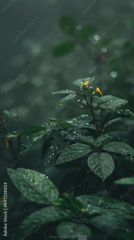 Yellow flower stands out in lush, wet foliage Yellow flower stands out in lush, wet foliage