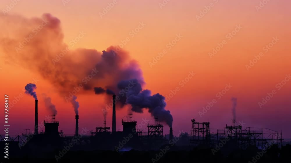 A large industrial plant is spewing smoke into the sky. The smoke is thick and dark, and the sky is orange and hazy. The scene is ominous and foreboding A large industrial plant is spewing smoke into the sky. The smoke is thick and dark, and the sky is orange and hazy. The scene is ominous and foreboding