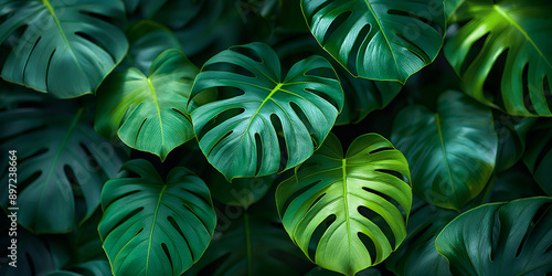 Wallpaper Mural Background of tropical green leaves Monstera Deliciosa. Plant background in dark tones, banner close-up. Foliage patterns for design elements Torontodigital.ca