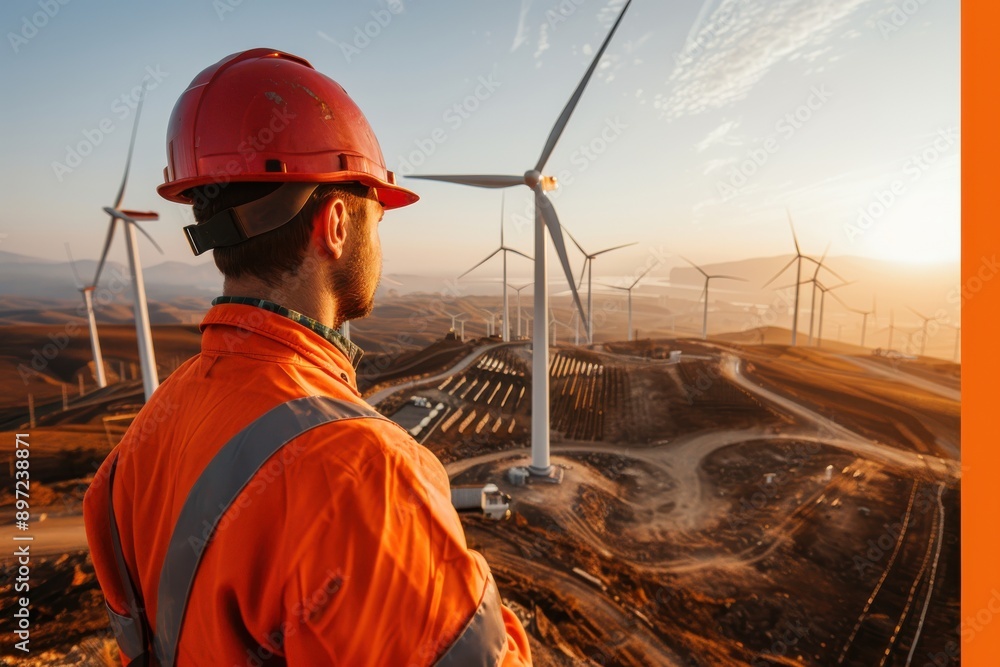 A construction worker equipped with safety gear observes the installation and alignment of several wind turbines in an undulating, sunlit landscape, portraying the watchful supervision of renewable e A construction worker equipped with safety gear observes the installation and alignment of several wind turbines in an undulating, sunlit landscape, portraying the watchful supervision of renewable e
