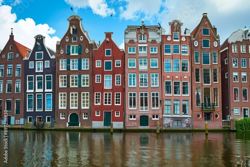 A photograph showing a line of buildings situated alongside a body of water, creating an urban waterfront scene, Iconic red brick buildings of Amsterdam along the canal, AI Generated