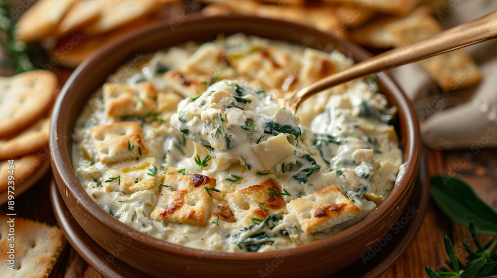 A bowl of creamy spinach artichoke dip with a spoon. A bowl of creamy spinach artichoke dip with a spoon.