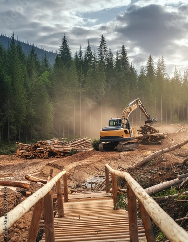 A wooden bridge leads into a clearing in a forest where a yellow excavator is working