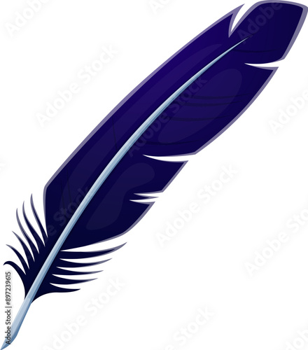 Cartoon Halloween raven feather. Isolated vector black glossy long quill of crow bird, magic occult object for rituals and decoration. Symbol of mystique, associated with omens and linked to legends
