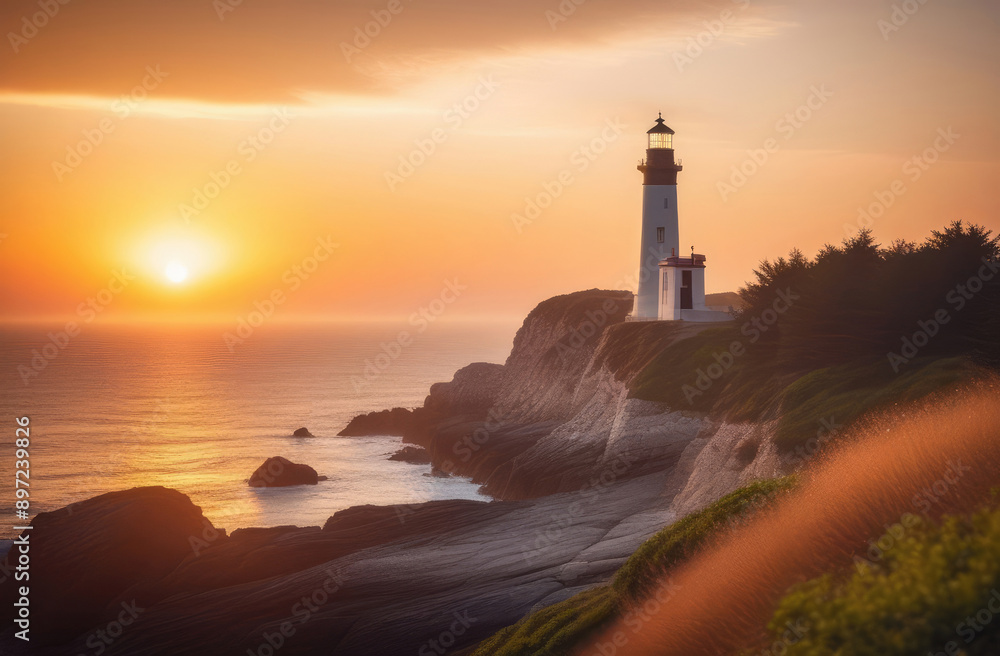 picturesque landscape with red and white lighthouse on rocky coast at sunset or sunrise. picturesque landscape with red and white lighthouse on rocky coast at sunset or sunrise.