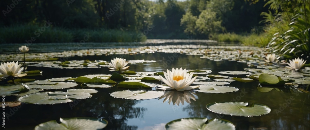 White Water Lilies Blooming in a Sunny Pond. White Water Lilies Blooming in a Sunny Pond.
