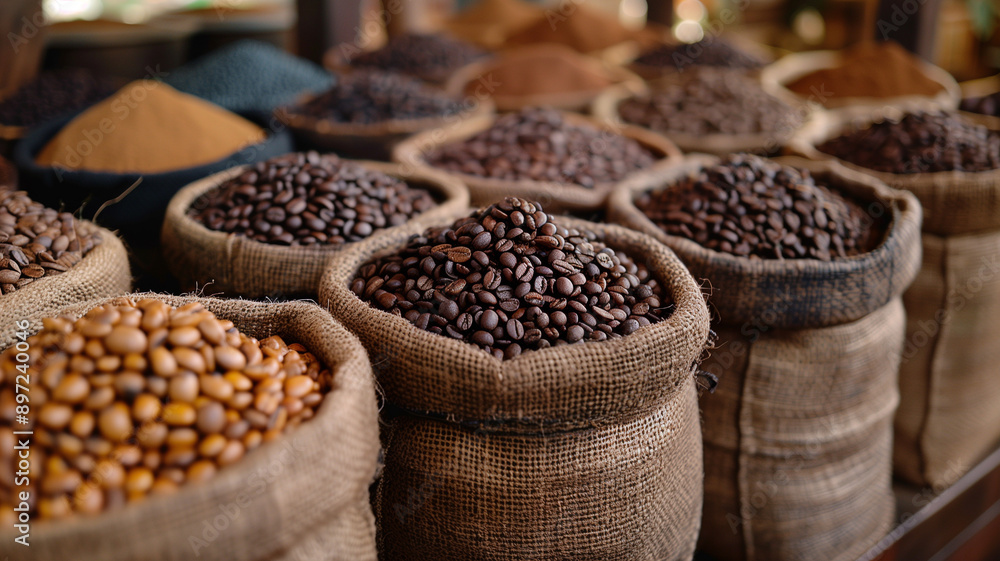 Rows of burlap sacks filled with roasted coffee beans at a market stall Rows of burlap sacks filled with roasted coffee beans at a market stall