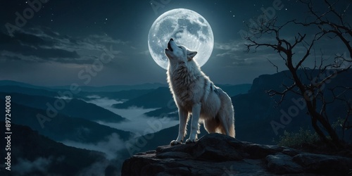 White wolf howling on a night cliff Moonlit fantasy mood. photo