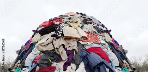 textile pollution, fast fashion industry waste, old clothing cloth fabric garment trash garbage pile stack heap  background, concept of fast fashion industry tax and recycling