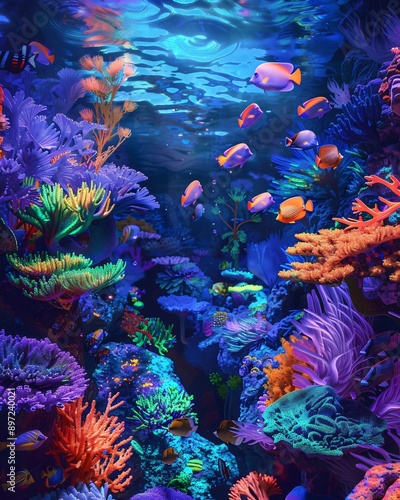 Electric blue underwater world, a playful and energetic depiction of marine life photo