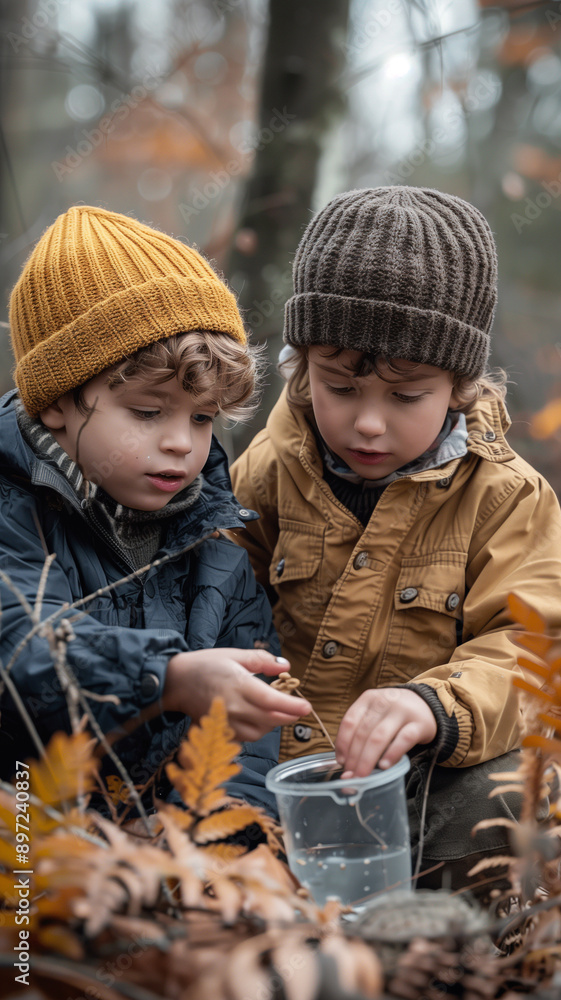 Two young boys exploring nature in a forest during autumn Two young boys exploring nature in a forest during autumn