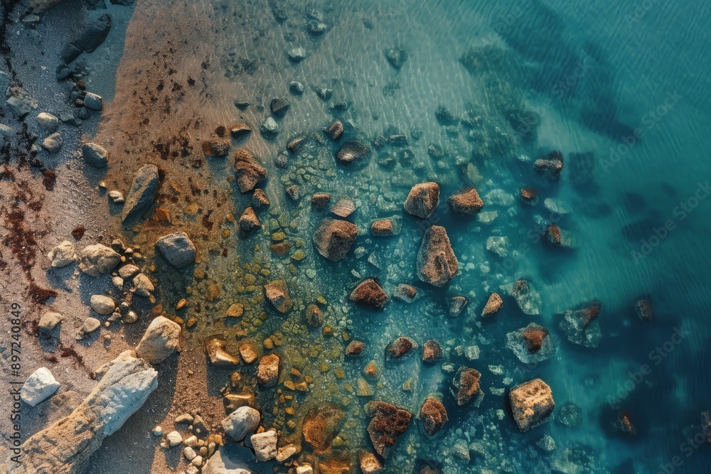 Obraz premium This aerial photograph showcases a beach adorned with rocks and bordered by crystal-clear water, Immersive aerial view of a wild seafront with scattered rocks, AI Generated