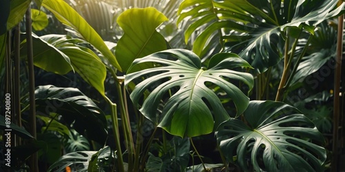Tropical green plant monstera in the sunshine Creative banner Copyspace image.