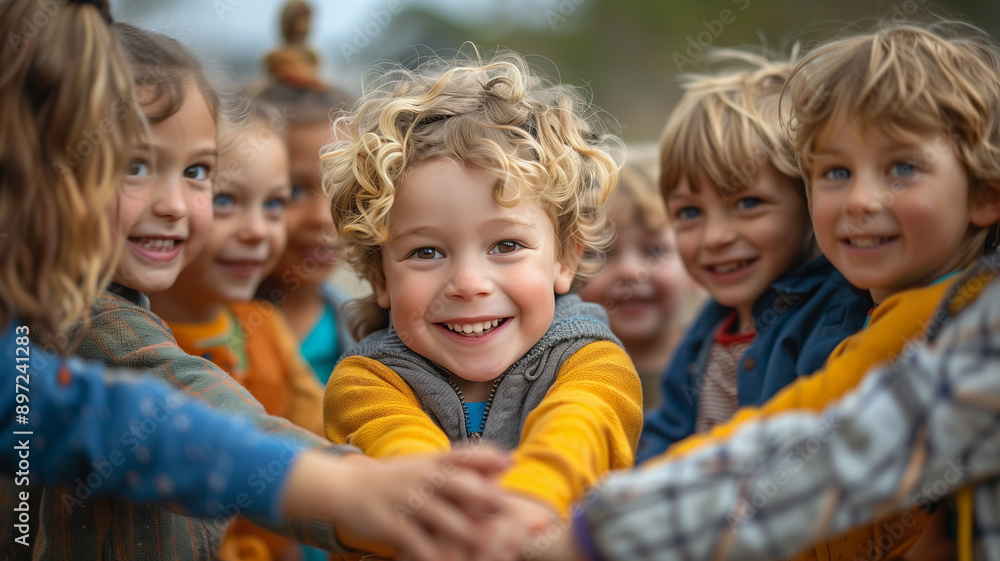 Happy children playing outdoors in a circle during the day Happy children playing outdoors in a circle during the day