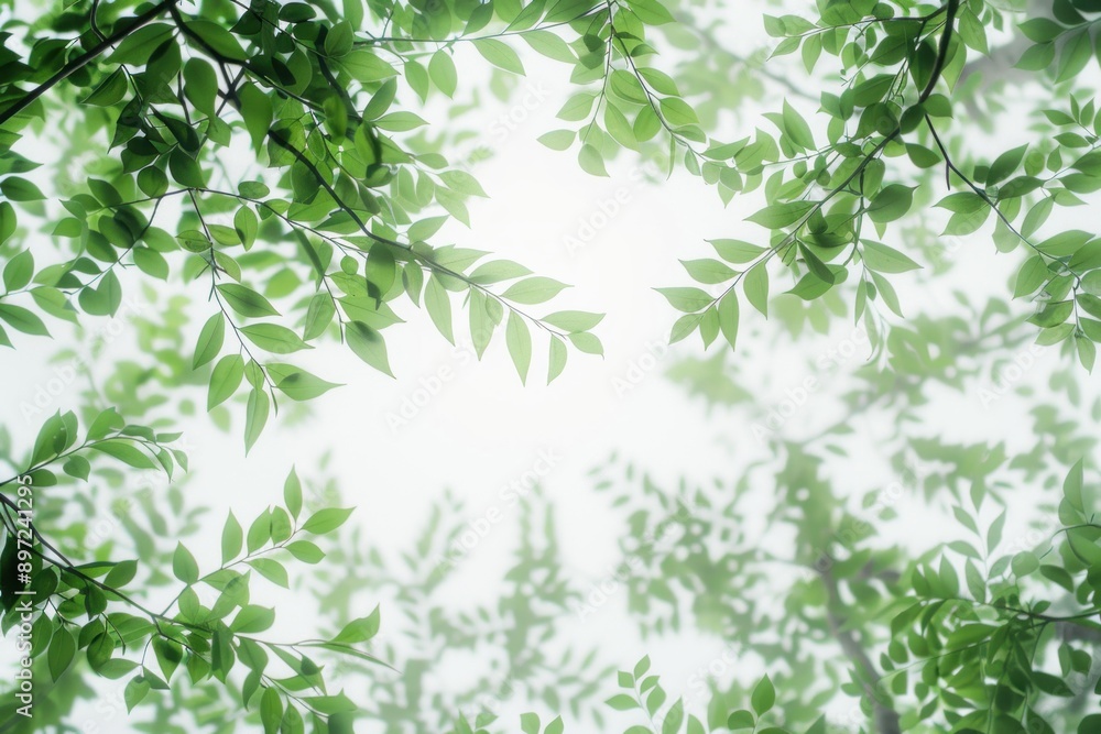 Green leaves growing on branches creating a natural frame on a blurred background with copy space Green leaves growing on branches creating a natural frame on a blurred background with copy space