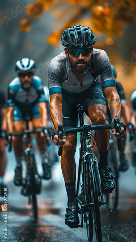 Cyclist pedaling with powerful legs on a rainy day