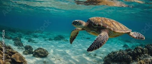 panorama of green Sea Turtle swimming near the shore on a sunny day Chelonia mydas.
