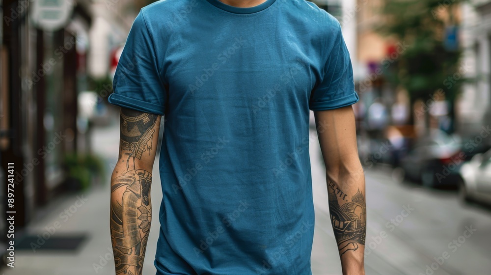 Fototapeta premium Denim Color T-Shirt Mockup Template on Adult Hipster for Print Design
