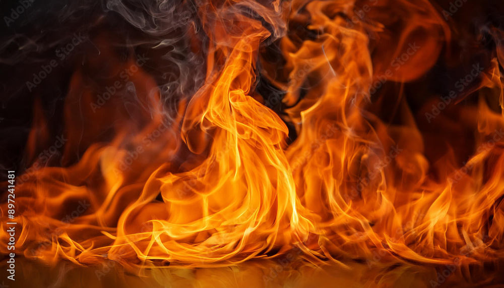 Fiery inferno with swirling embers in dark. Power of hot fire. Intensive orange and red flames. Fiery inferno with swirling embers in dark. Power of hot fire. Intensive orange and red flames.