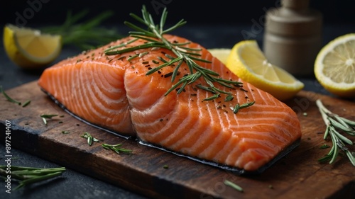 Tasty and fresh cooked salmon fish fillet with lemon and rosemary. photo