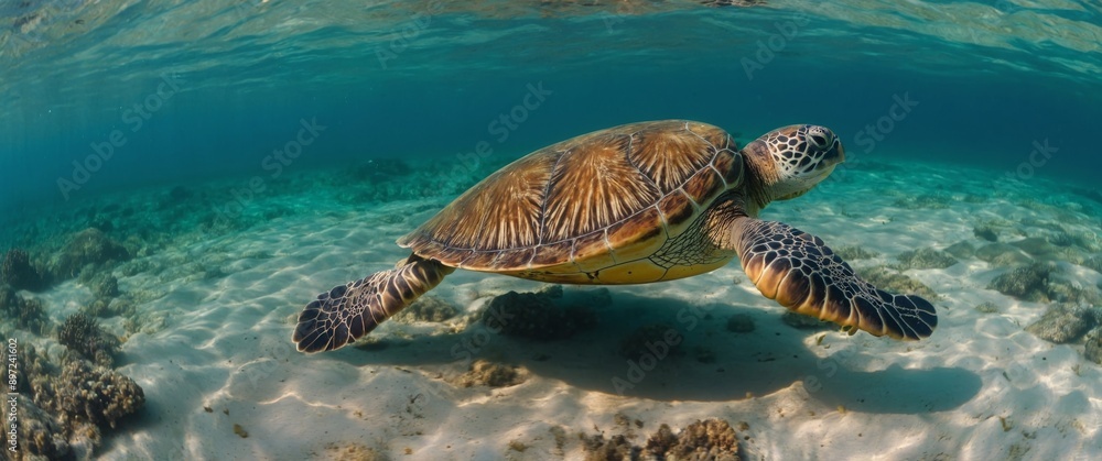 panorama of green Sea Turtle swimming near the shore on a sunny day Chelonia mydas. panorama of green Sea Turtle swimming near the shore on a sunny day Chelonia mydas.