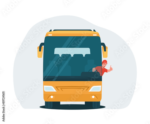 Bus with a cheerful driver at the wheel. Bus driver showing thumbs up gesture. Front view. Vector illustration.