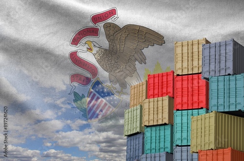 Illinois US state flag and big stack of shipping cargo containers in docks with sky background close up photo