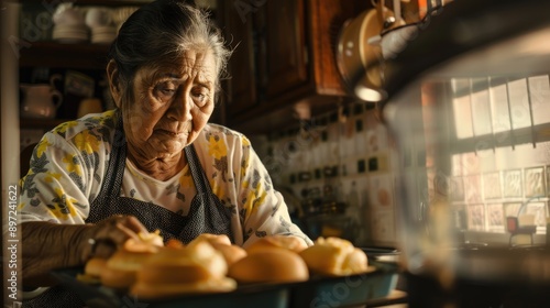 Home Cooking concept, elderly female person baking cookies in the kitchen, blurred background.