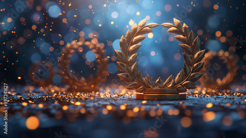 Golden laurel wreath award on podium with confetti