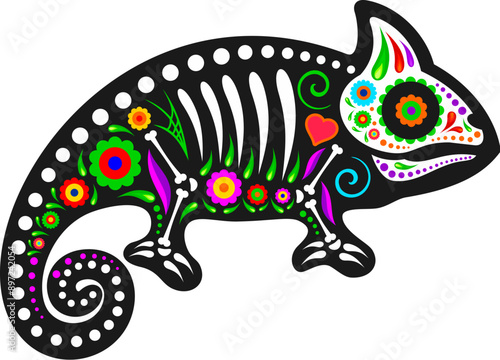 Mexican Day of the Dead chameleon animal with sugar skull for tattoo, vector silhouette. Dia De Los Muertos Mexican holiday totem animal of chameleon lizard with skull and skeleton bones in flowers