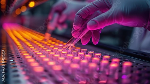 Lab Technician Handling Blood Samples. Lab technician wearing gloves carefully handling blood samples in vials, highlighting precision and safety in medical testing. © Old Man Stocker