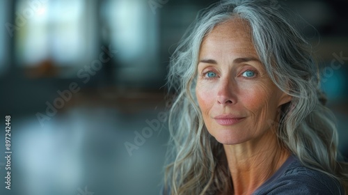 An elegant older woman with flowing gray hair in an indoor studio, exuding calm and wisdom, captured in soft lighting, representing aging gracefully and inner peace.