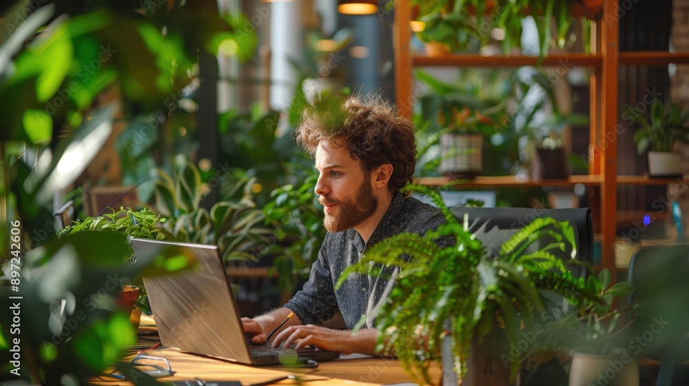 Enterprise developers coding sustainable software solutions in a green tech office, surrounded by plants and eco-friendly devices. No text, no logo, no trademarks Enterprise developers coding sustainable software solutions in a green tech office, surrounded by plants and eco-friendly devices. No text, no logo, no trademarks