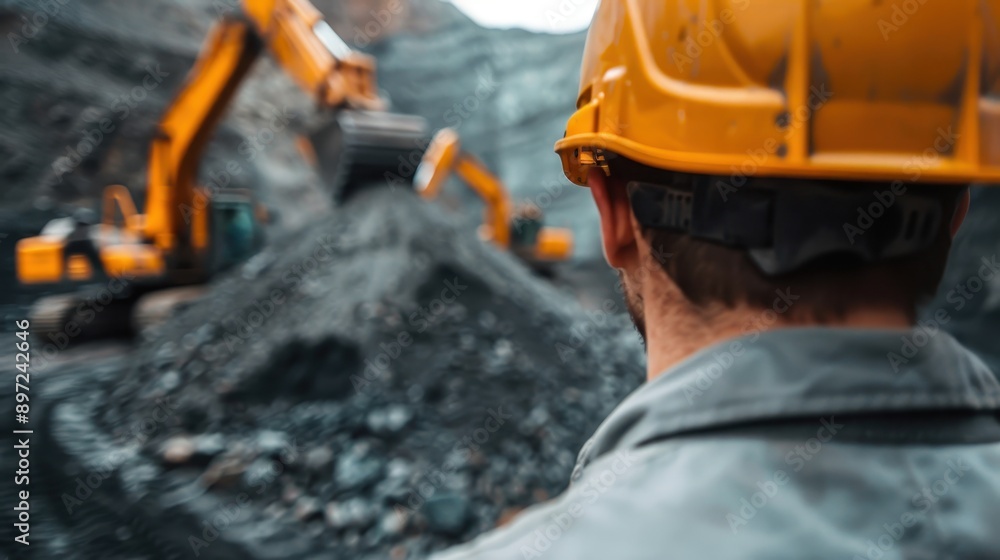 A construction site showing a worker in a helmet observing heavy machinery as it operates in the background, emphasizing labor, industry, and the construction environment. A construction site showing a worker in a helmet observing heavy machinery as it operates in the background, emphasizing labor, industry, and the construction environment.