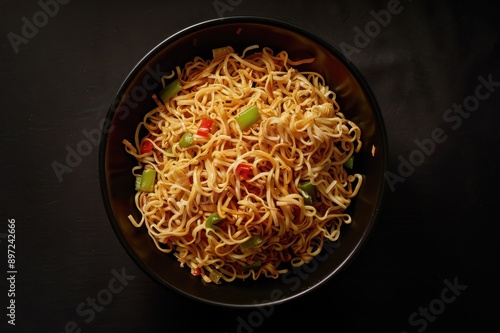 A Black Bowl of Noodles with Vegetables photo