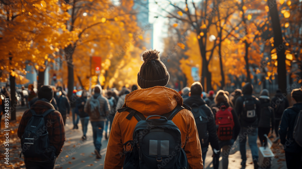 Person walking through crowd in autumn urban street Person walking through crowd in autumn urban street