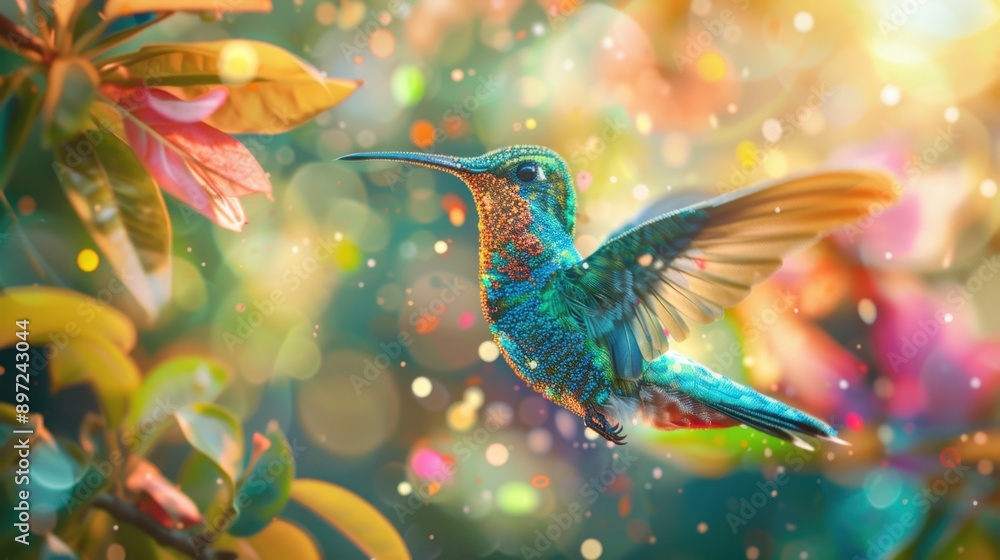 Colorful Hummingbird in Flight with Vibrant Bokeh Background Colorful Hummingbird in Flight with Vibrant Bokeh Background