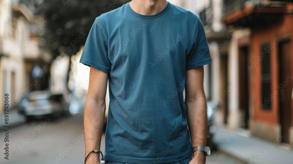 Steel blue Color T-Shirt Mockup Template on Adult Hipster for Print Design Steel blue Color T-Shirt Mockup Template on Adult Hipster for Print Design