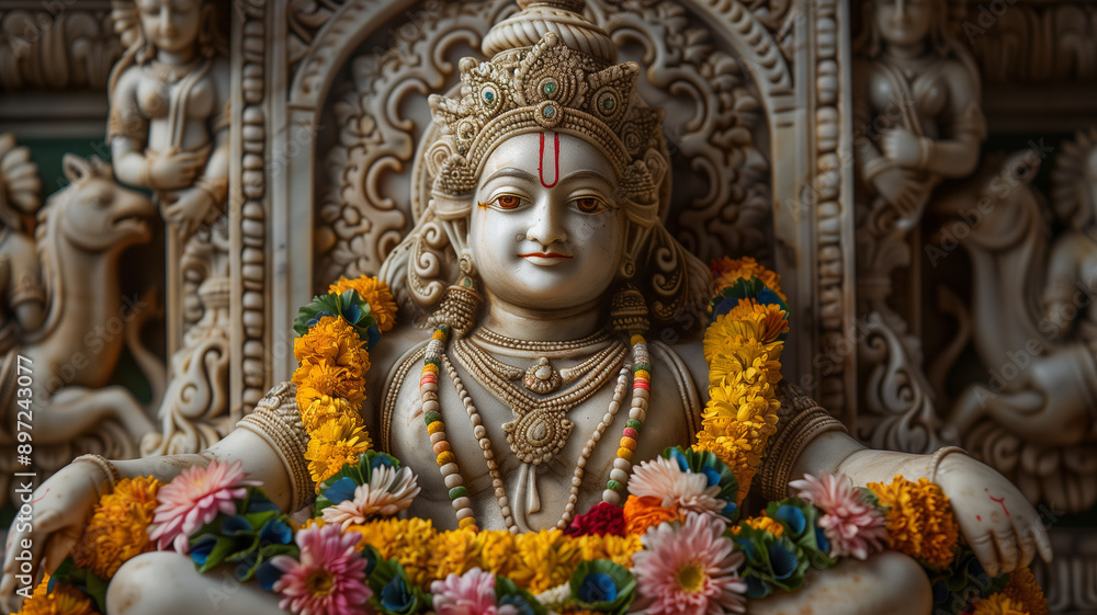 Ornate stone statue of hindu deity in temple setting Ornate stone statue of hindu deity in temple setting