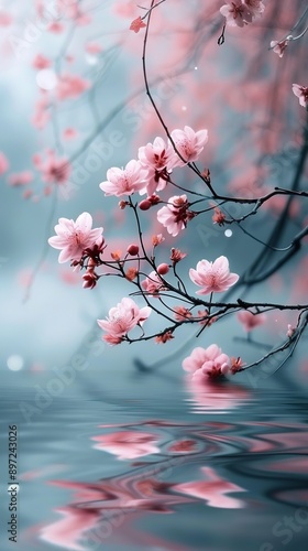 
Pinkcherry blooms on branches hanging over the water of a lake, flowering tree. Vertical background, delicate phone wallpaper photo