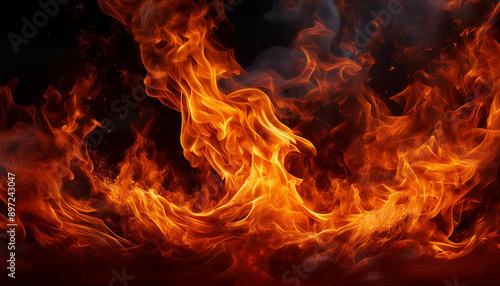 Fiery inferno with swirling embers in dark. Power of hot fire. Intensive orange and red flames.