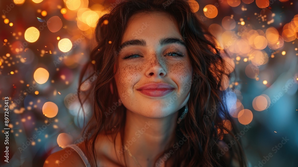 A smiling young woman with freckles, in front of a festive background filled with twinkling lights, exudes joy and warmth, representing celebration and happiness. A smiling young woman with freckles, in front of a festive background filled with twinkling lights, exudes joy and warmth, representing celebration and happiness.