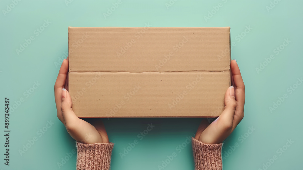 Two hands holding a cardboard box on a teal background Two hands holding a cardboard box on a teal background