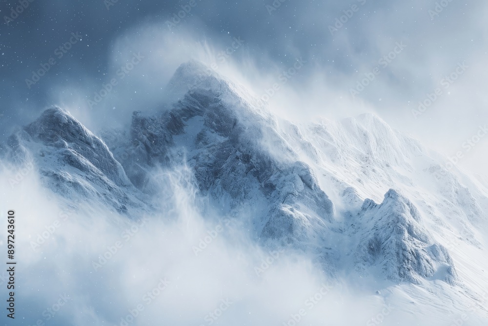 A majestic snowy mountain peak is veiled by thick clouds, while stars gently illuminate the night sky, Intense snowstorm engulfing a mountain range, AI Generated A majestic snowy mountain peak is veiled by thick clouds, while stars gently illuminate the night sky, Intense snowstorm engulfing a mountain range, AI Generated